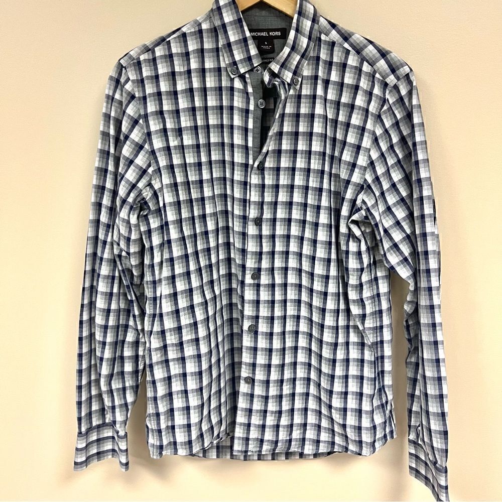 Michael Kohrs grey and navy plaid button down Sz Sm